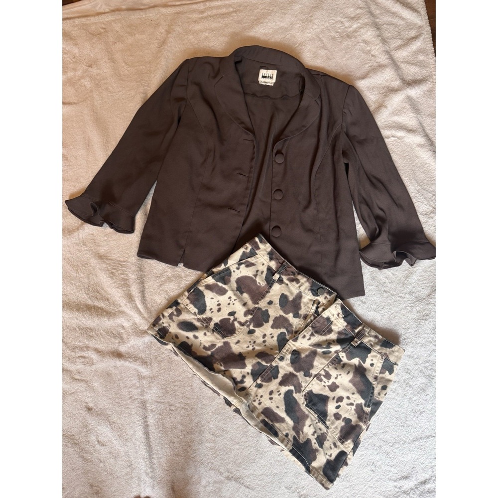 Leslie Fay Jacket & Love M,Fire Camouflage Skirt Set Brown Beige L Cotton Button